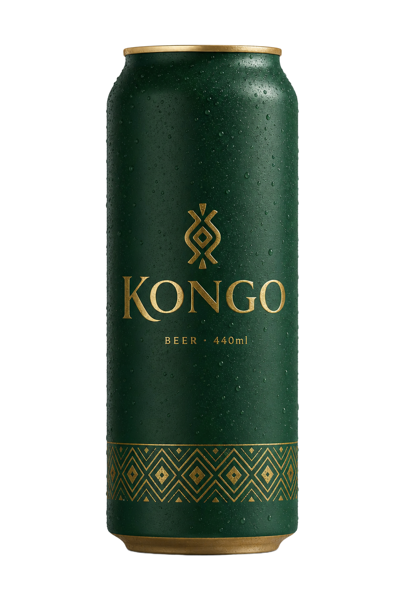 Kongo Beer 440ml can in deep forest green with gold Kongo pattern