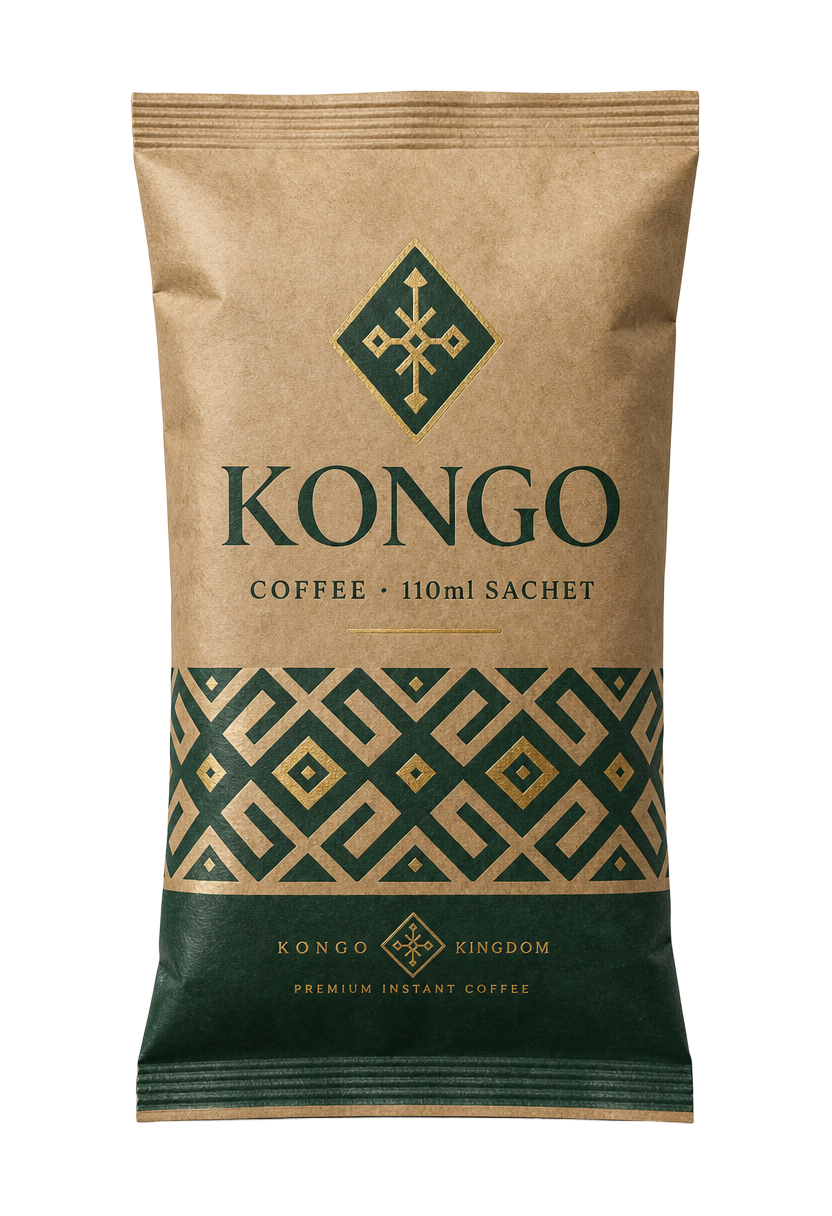 Kongo Coffee 110ml kraft sachet with green and gold Kongo pattern
