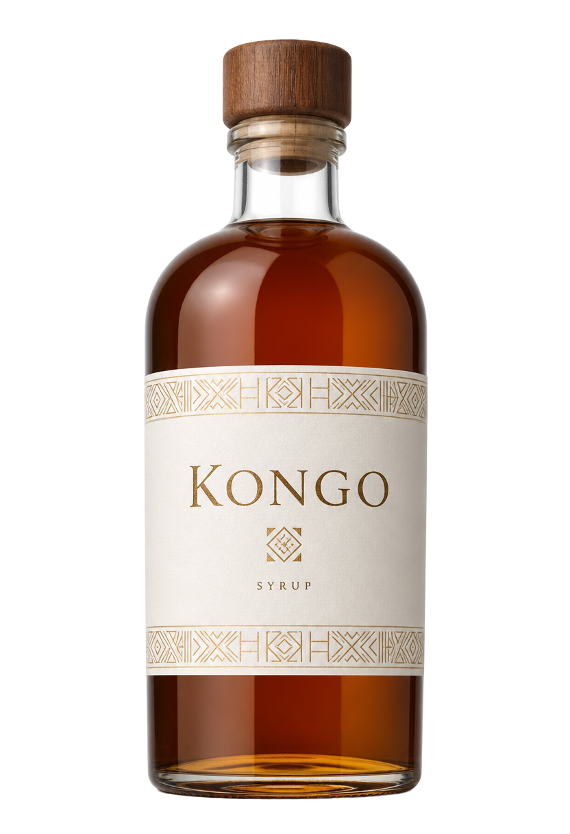 Kongo Syrup amber glass bottle with ivory label and wooden cap