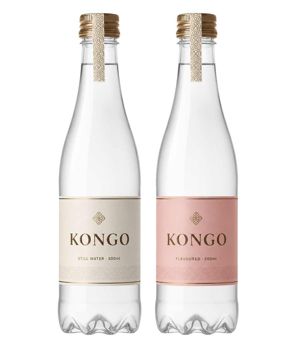 Kongo Water 500ml still and flavoured bottles with ivory and rose labels